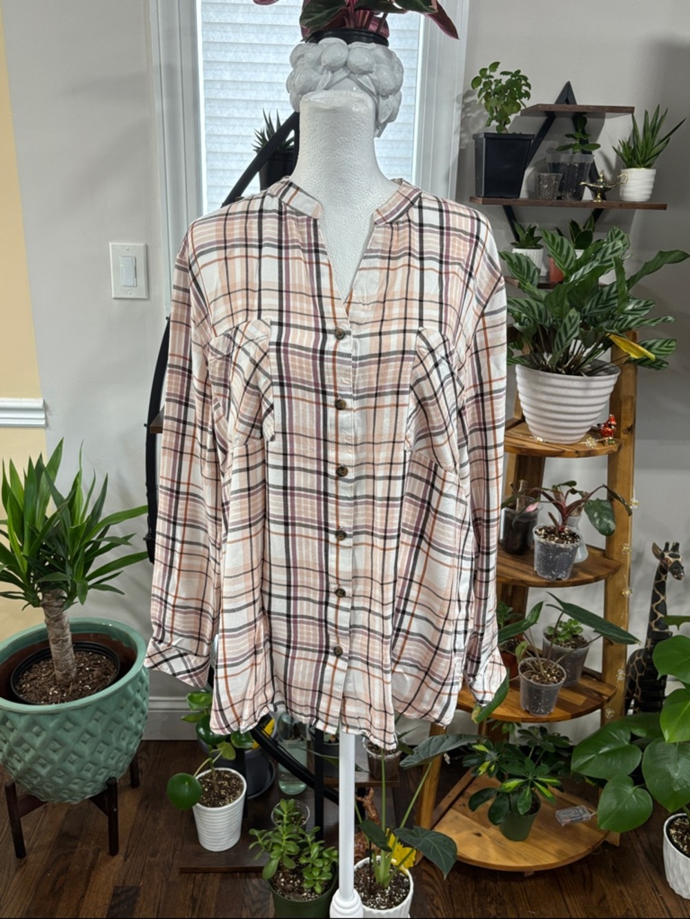 Chico’s Light Pink Plaid Button Front Shirt size XXL